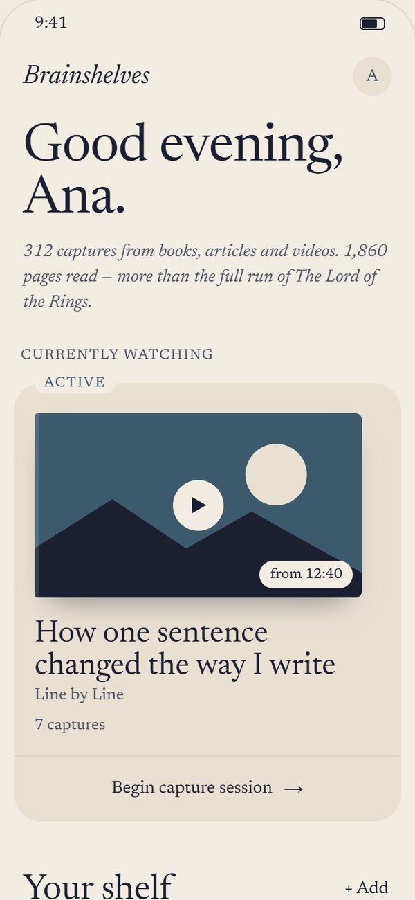 The Brainshelves library: a video being watched, then a shelf of books, a Substack post and an article.
